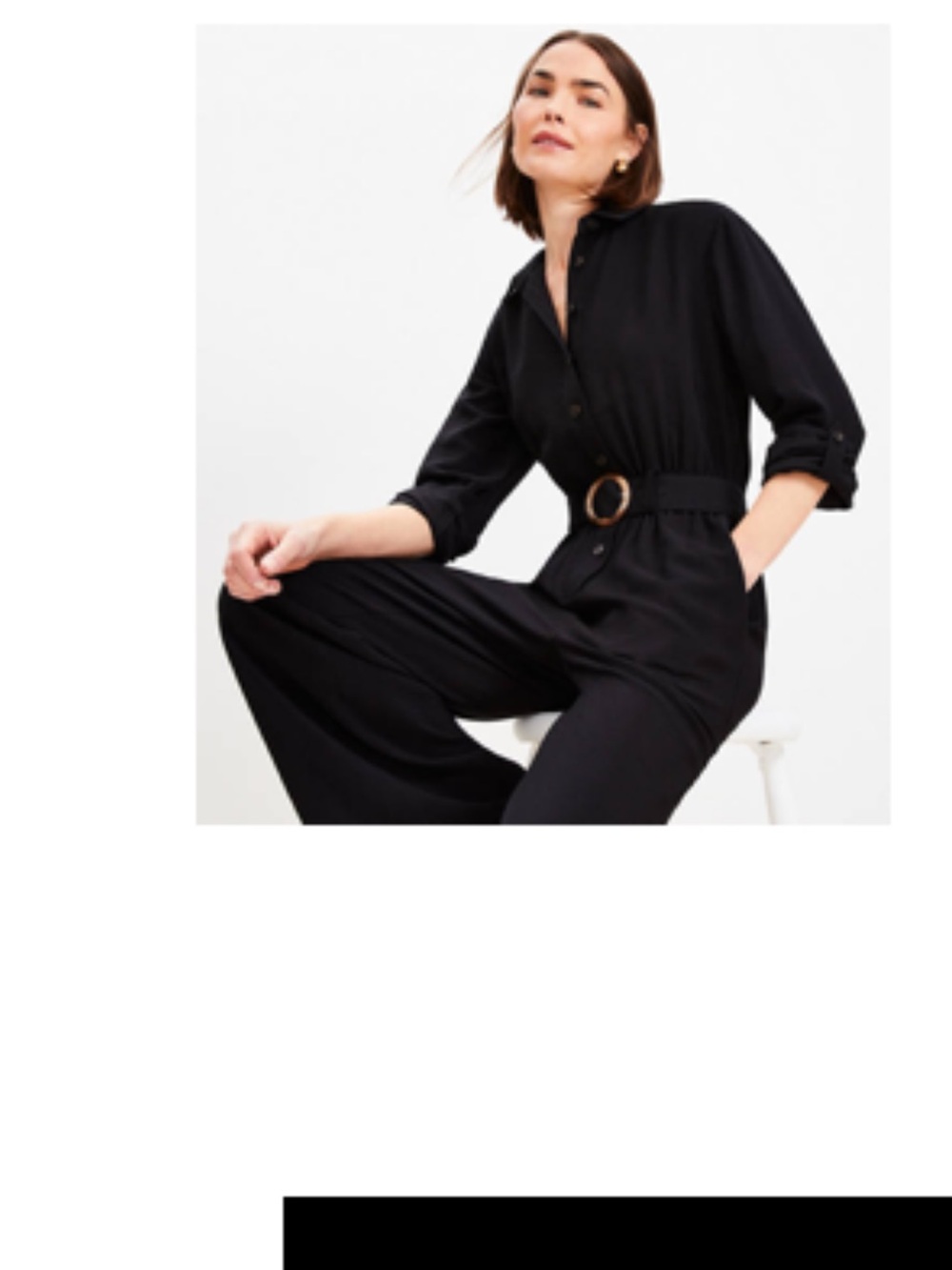 LOFT Black Button-Front Wide-Leg Jumpsuit with Belted Waist